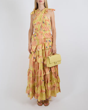 Ulla Johnson Orange and Yellow Silk Zahra Ruffled Maxi Dress with White Polkadots and Ribbon Details Size S (UK 8) RRP £1,200
