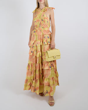 Ulla Johnson Orange and Yellow Silk Zahra Ruffled Maxi Dress with White Polkadots and Ribbon Details Size S (UK 8) RRP £1,200