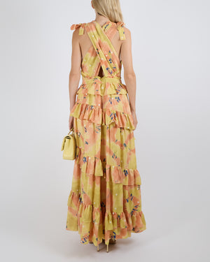 Ulla Johnson Orange and Yellow Silk Zahra Ruffled Maxi Dress with White Polkadots and Ribbon Details Size S (UK 8) RRP £1,200