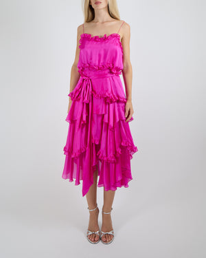 Alexandre Vauthier Fuchsia Pink Silk Layered Asymmetric Sleeveless Midi Dress with Ruffle Details and Belt Size FR 40 (UK 12) RRP £2,100
