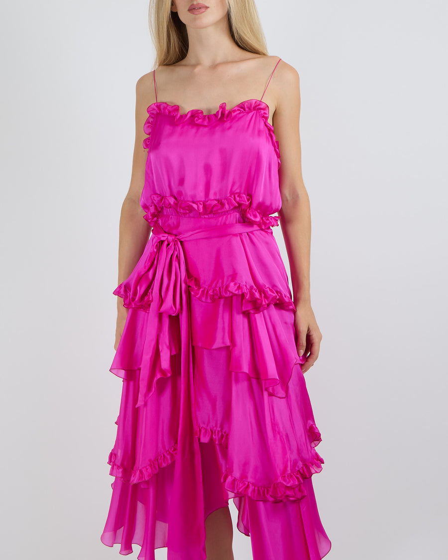 Alexandre Vauthier Fuchsia Pink Silk Layered Asymmetric Sleeveless Midi Dress with Ruffle Details and Belt Size FR 40 (UK 12) RRP £2,100