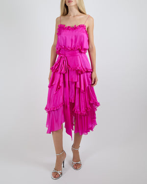 Alexandre Vauthier Fuchsia Pink Silk Layered Asymmetric Sleeveless Midi Dress with Ruffle Details and Belt Size FR 40 (UK 12) RRP £2,100
