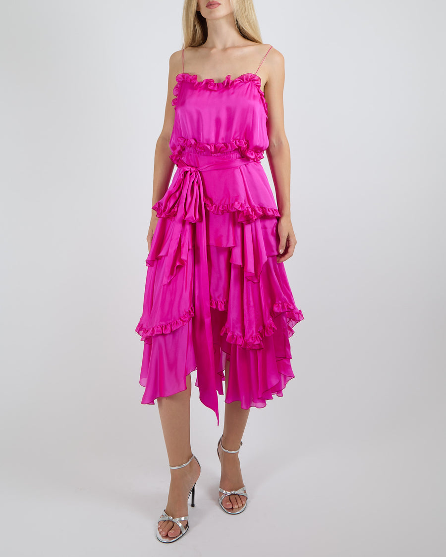 Alexandre Vauthier Fuchsia Pink Silk Layered Asymmetric Sleeveless Midi Dress with Ruffle Details and Belt Size FR 40 (UK 12) RRP £2,100