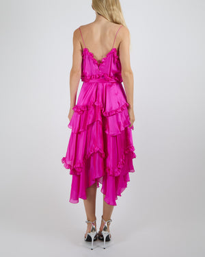 Alexandre Vauthier Fuchsia Pink Silk Layered Asymmetric Sleeveless Midi Dress with Ruffle Details and Belt Size FR 40 (UK 12) RRP £2,100
