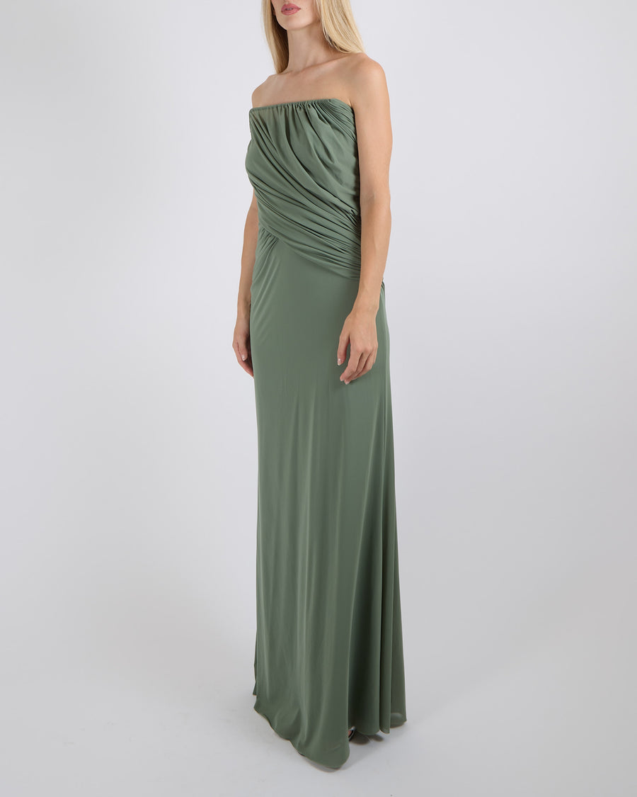Christopher Esber Green Strapless Maxi Dress with Side Cut-Out and Rouched Detail Size AU 8 (UK 8)