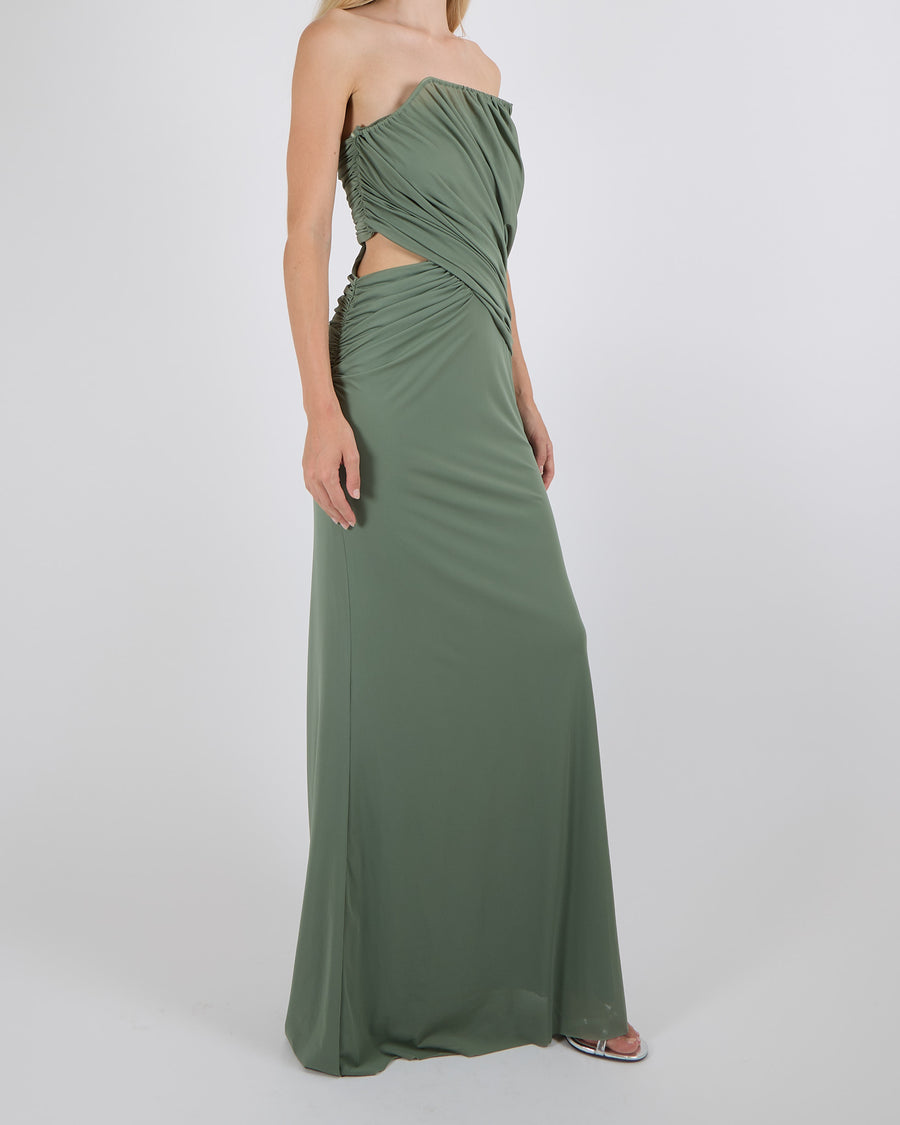 Christopher Esber Green Strapless Maxi Dress with Side Cut-Out and Rouched Detail Size AU 8 (UK 8)