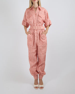 Zimmermann Pink Linen Leopard Print Boilersuit Jumpsuit with Belt Detail Size 0 (UK 8)