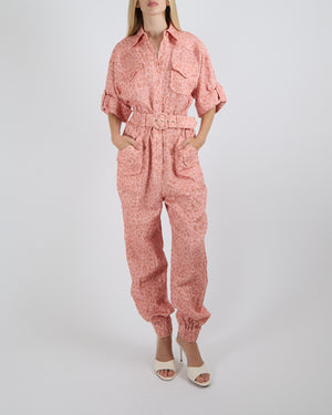 Zimmermann Pink Linen Leopard Print Boilersuit Jumpsuit with Belt Detail Size 0 (UK 8)