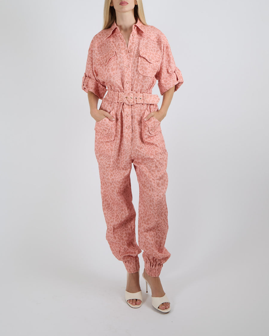 Zimmermann Pink Linen Leopard Print Boilersuit Jumpsuit with Belt Detail Size 0 (UK 8)