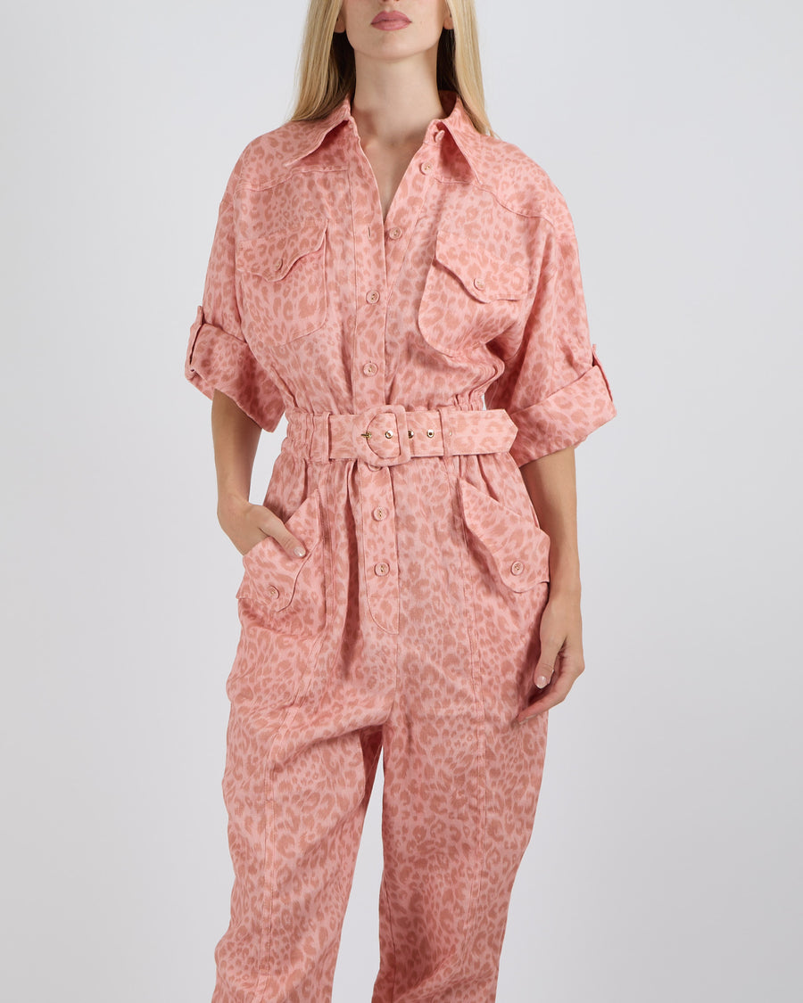 Zimmermann Pink Linen Leopard Print Boilersuit Jumpsuit with Belt Detail Size 0 (UK 8)