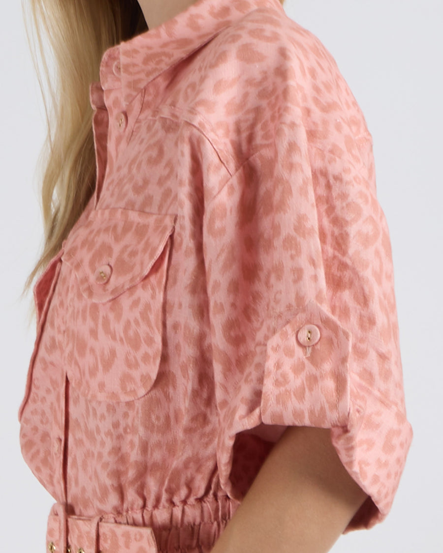 Zimmermann Pink Linen Leopard Print Boilersuit Jumpsuit with Belt Detail Size 0 (UK 8)