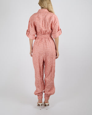 Zimmermann Pink Linen Leopard Print Boilersuit Jumpsuit with Belt Detail Size 0 (UK 8)