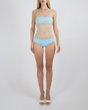 Chanel Vintage Pastel Blue One-Piece Swimsuit with Cream See-Through Lace Insert Size FR 34 (UK 6)