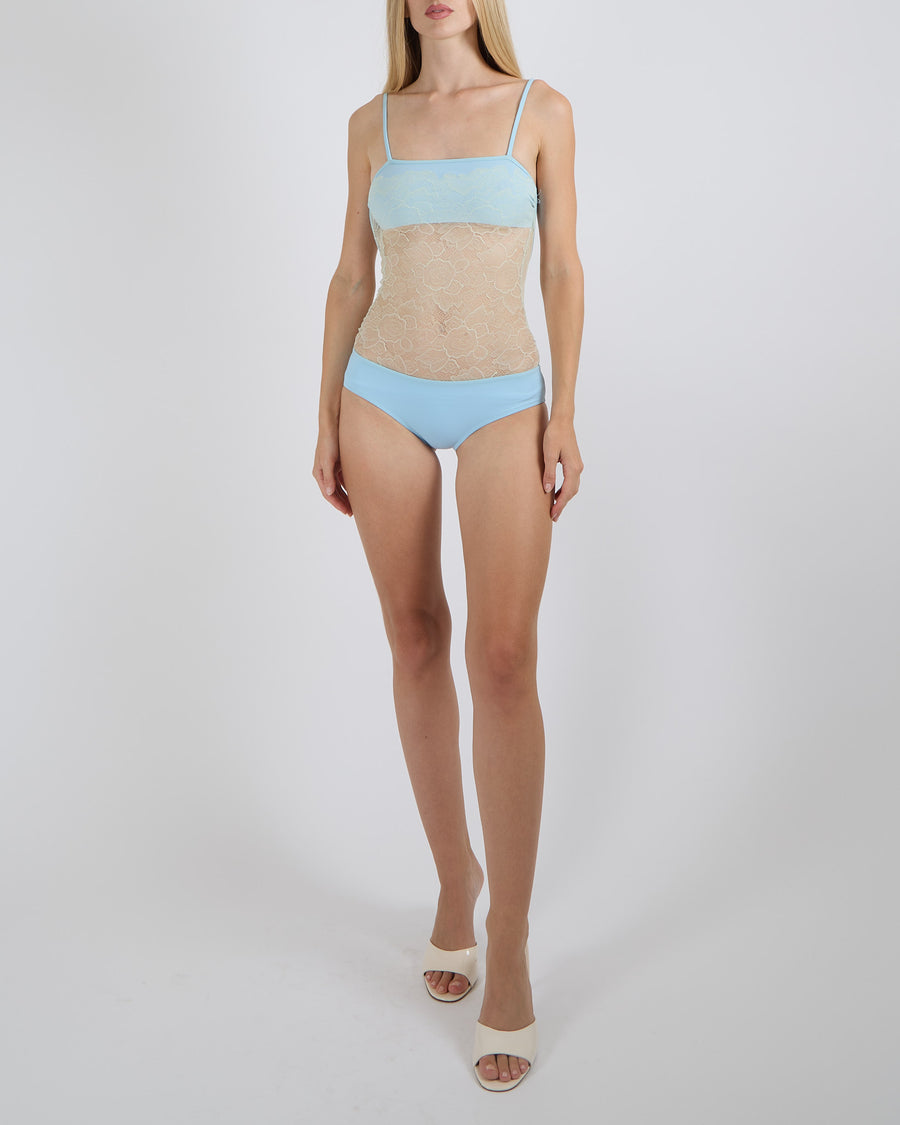 Chanel Vintage Pastel Blue One-Piece Swimsuit with Cream See-Through Lace Insert Size FR 34 (UK 6)