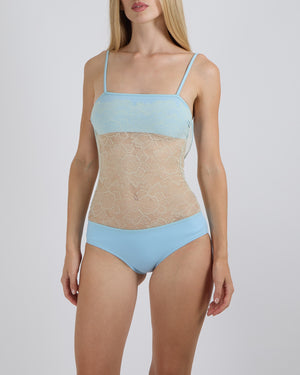 Chanel Vintage Pastel Blue One-Piece Swimsuit with Cream See-Through Lace Insert Size FR 34 (UK 6)