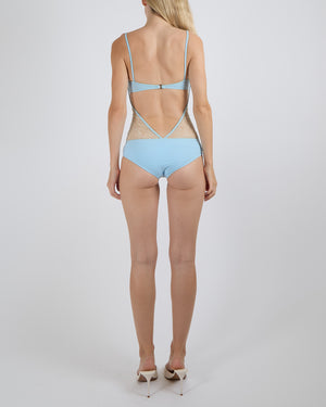 Chanel Vintage Pastel Blue One-Piece Swimsuit with Cream See-Through Lace Insert Size FR 34 (UK 6)