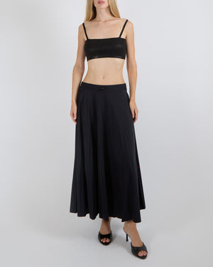 Valentino Black Pleated Maxi Skirt with Elastic Waistband and Red Logo Detail Size XS (UK 6)