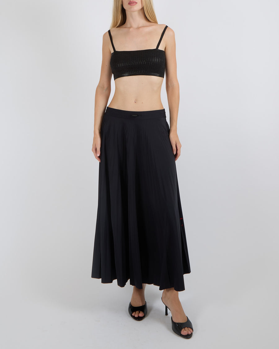 Valentino Black Pleated Maxi Skirt with Elastic Waistband and Red Logo Detail Size XS (UK 6)