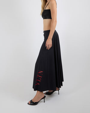 Valentino Black Pleated Maxi Skirt with Elastic Waistband and Red Logo Detail Size XS (UK 6)