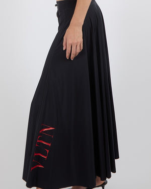 Valentino Black Pleated Maxi Skirt with Elastic Waistband and Red Logo Detail Size XS (UK 6)