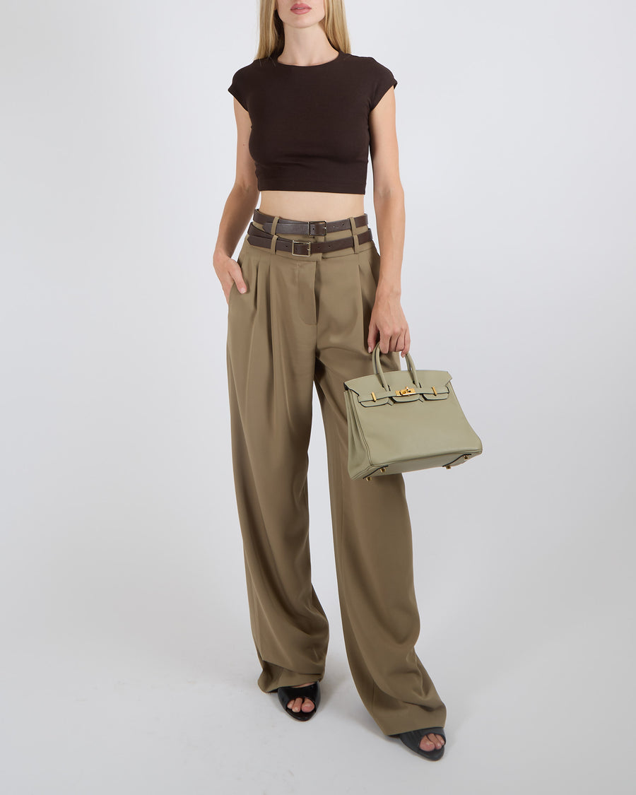 Camila Coelho Khaki Pants High Waisted Pants with Double Buckle and Belt Detail Size XS (UK 6)