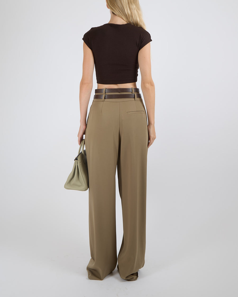 Camila Coelho Khaki Pants High Waisted Pants with Double Buckle and Belt Detail Size XS (UK 6)