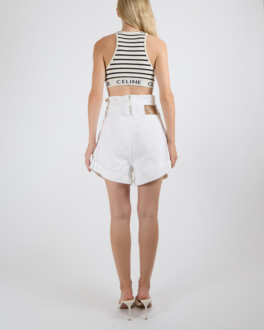 Zimmermann White High Waisted Pleated Denim Shorts with Pocket and Button Details Size 2 (UK 12)