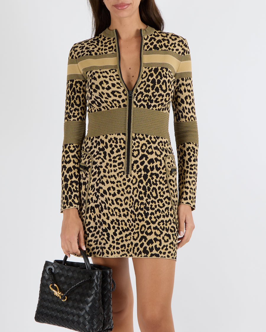 Christian Dior Beige and Black Leopard Print Mini Dress with Back Logo Embroidery and Zipper Detail Size FR 36 (UK 8)