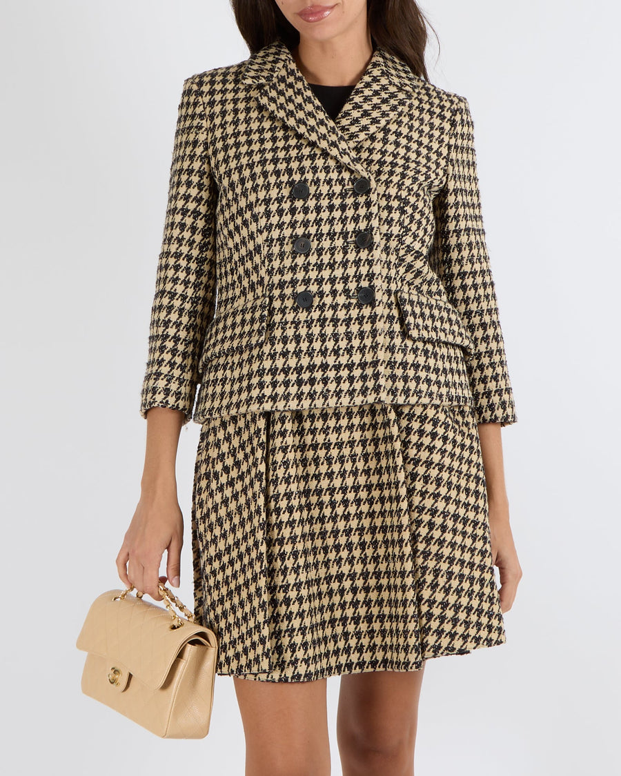 Christian Dior Spring 2020 Runway Beige and Black Silk Houndstooth Double-Breasted Blazer Jacket Size FR 36 (UK 8) RRP £3,500
