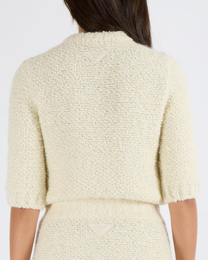 Prada Cream Wool Knitted Cardigan and Mini Skirt Set with Gold Logo Buttons Size IT 38 (UK 6) RRP £2,800