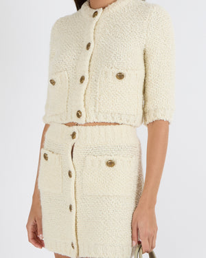 Prada Cream Wool Knitted Cardigan and Mini Skirt Set with Gold Logo Buttons Size IT 38 (UK 6) RRP £2,800
