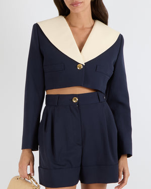 Miu Miu Navy Wool Cropped Jacket with Cream Shoulder Detail and Shorts Set with Gold Buttons Detail Size IT 42 (UK 10) RRP £3,360