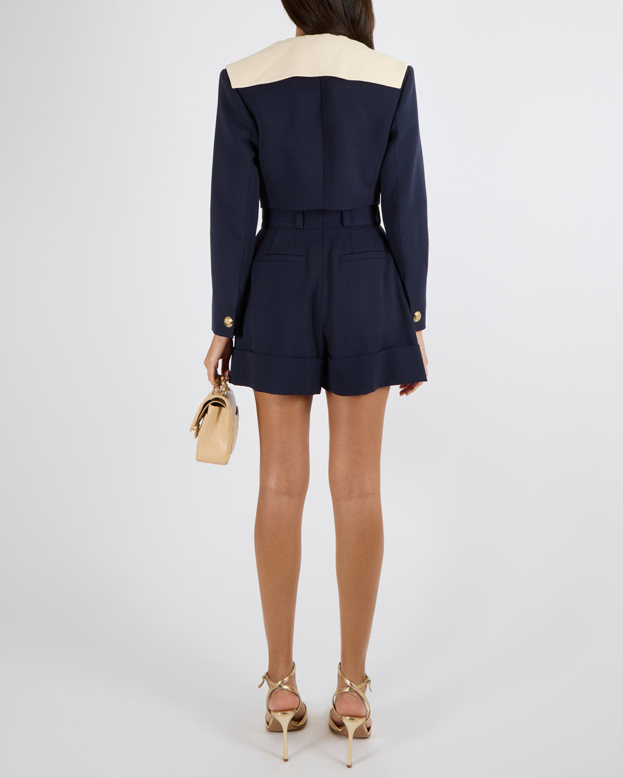 Miu Miu Navy Wool Cropped Jacket with Cream Shoulder Detail and Shorts Set with Gold Buttons Detail Size IT 42 (UK 10) RRP £3,360
