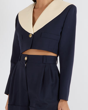 Miu Miu Navy Wool Cropped Jacket with Cream Shoulder Detail and Shorts Set with Gold Buttons Detail Size IT 42 (UK 10) RRP £3,360