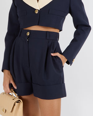 Miu Miu Navy Wool Cropped Jacket with Cream Shoulder Detail and Shorts Set with Gold Buttons Detail Size IT 42 (UK 10) RRP £3,360