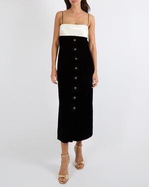 Miu Miu Black Velvet Maxi Dress with White Silk Top Detail and Gold and Black Buttons Size IT 40 (UK 8) RRP £3,300