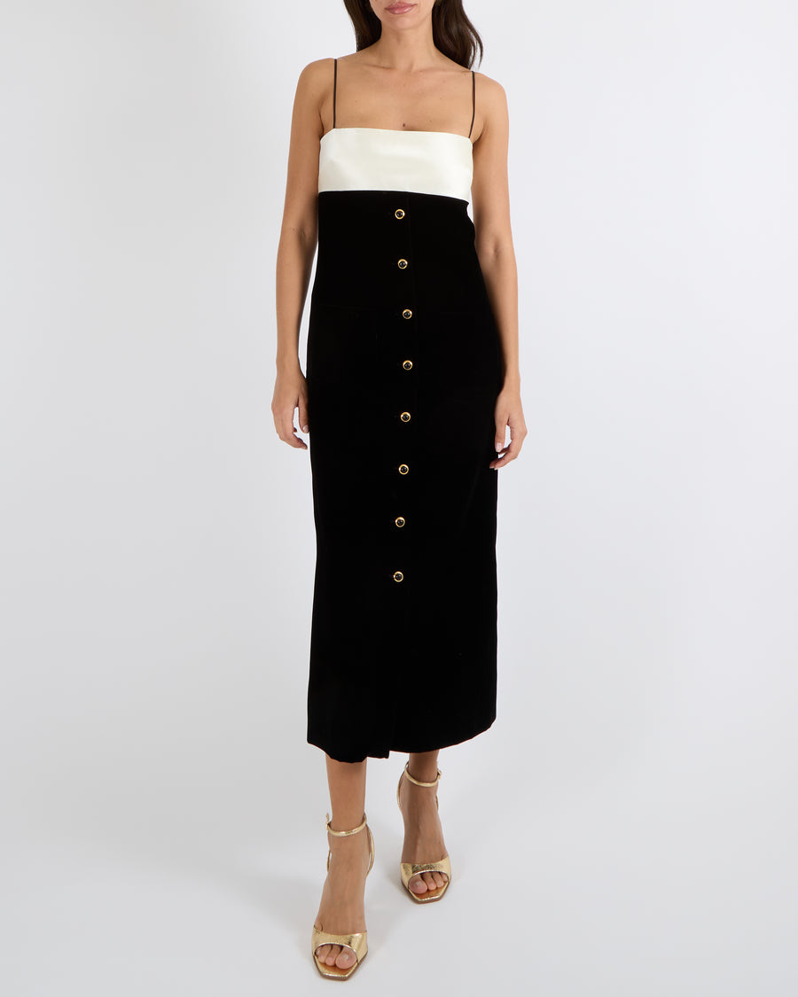 Miu Miu Black Velvet Maxi Dress with White Silk Top Detail and Gold and Black Buttons Size IT 40 (UK 8) RRP £3,300