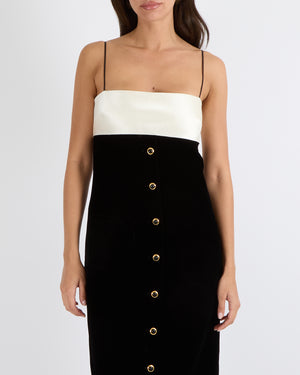 Miu Miu Black Velvet Maxi Dress with White Silk Top Detail and Gold and Black Buttons Size IT 40 (UK 8) RRP £3,300