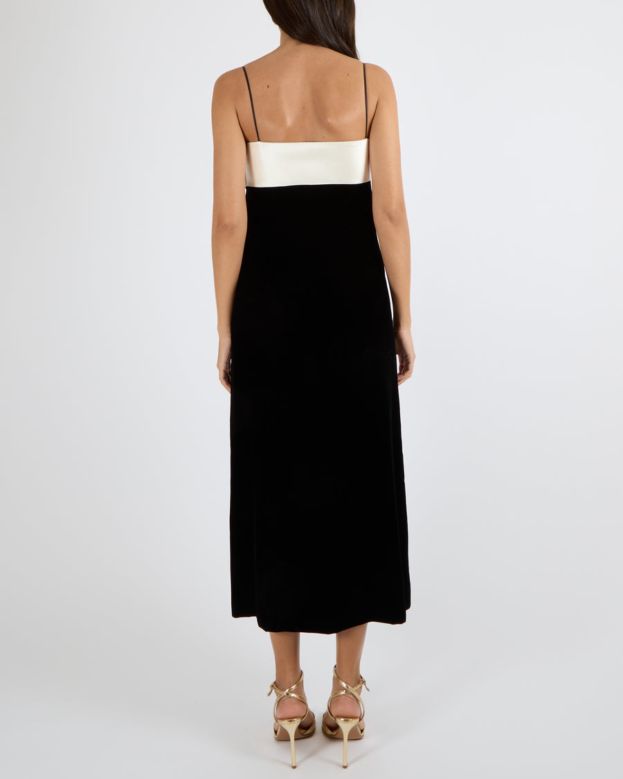 Miu Miu Black Velvet Maxi Dress with White Silk Top Detail and Gold and Black Buttons Size IT 40 (UK 8) RRP £3,300