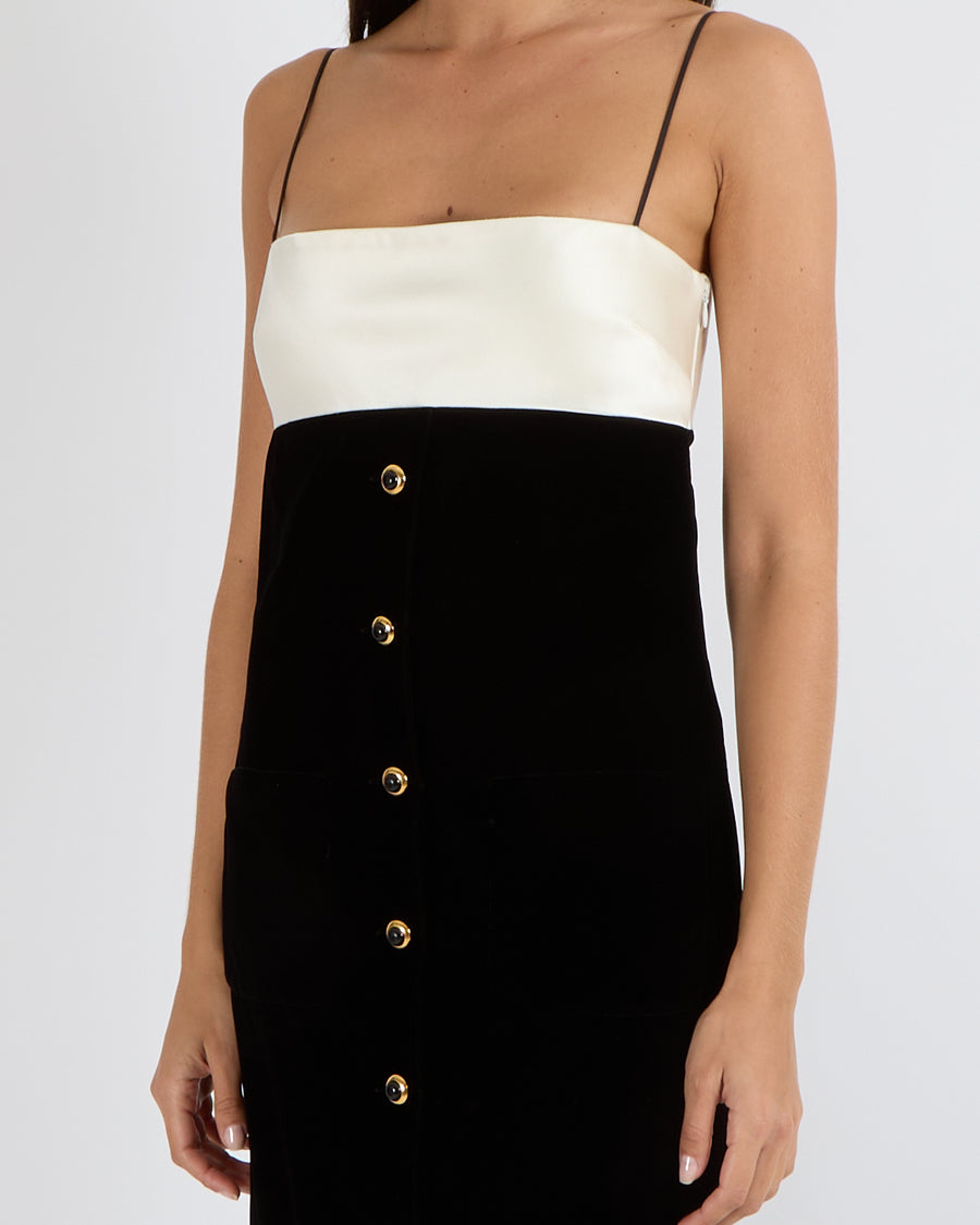 Miu Miu Black Velvet Maxi Dress with White Silk Top Detail and Gold and Black Buttons Size IT 40 (UK 8) RRP £3,300