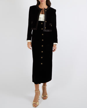 Miu Miu Black Velvet Cropped Jacket with Silk Trims and Black and Gold Buttons with Back Logo Detail Size IT 40 (UK 8) RRP £3,500