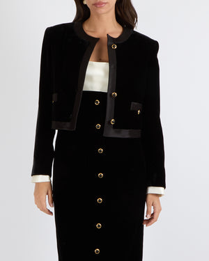 Miu Miu Black Velvet Cropped Jacket with Silk Trims and Black and Gold Buttons with Back Logo Detail Size IT 40 (UK 8) RRP £3,500