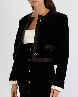 Miu Miu Black Velvet Cropped Jacket with Silk Trims and Black and Gold Buttons with Back Logo Detail Size IT 40 (UK 8) RRP £3,500