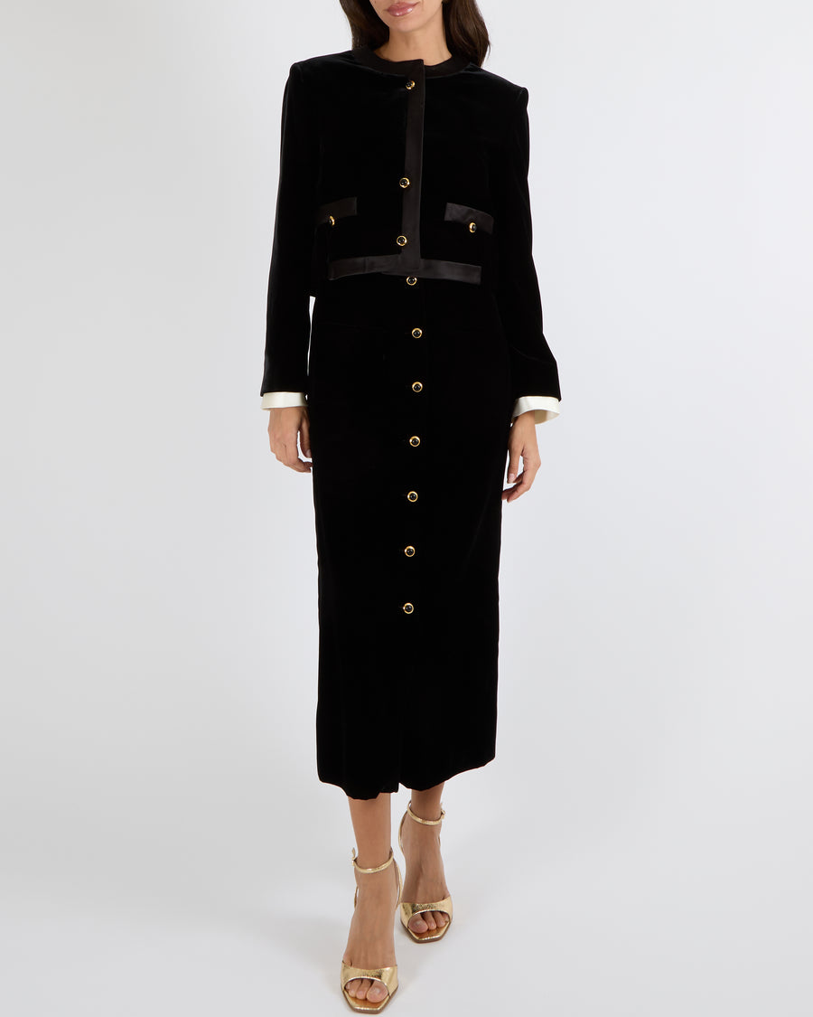 Miu Miu Black Velvet Cropped Jacket with Silk Trims and Black and Gold Buttons with Back Logo Detail Size IT 40 (UK 8) RRP £3,500