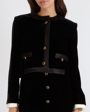 Miu Miu Black Velvet Cropped Jacket with Silk Trims and Black and Gold Buttons with Back Logo Detail Size IT 40 (UK 8) RRP £3,500