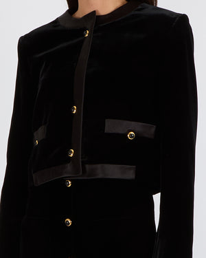 Miu Miu Black Velvet Cropped Jacket with Silk Trims and Black and Gold Buttons with Back Logo Detail Size IT 40 (UK 8) RRP £3,500