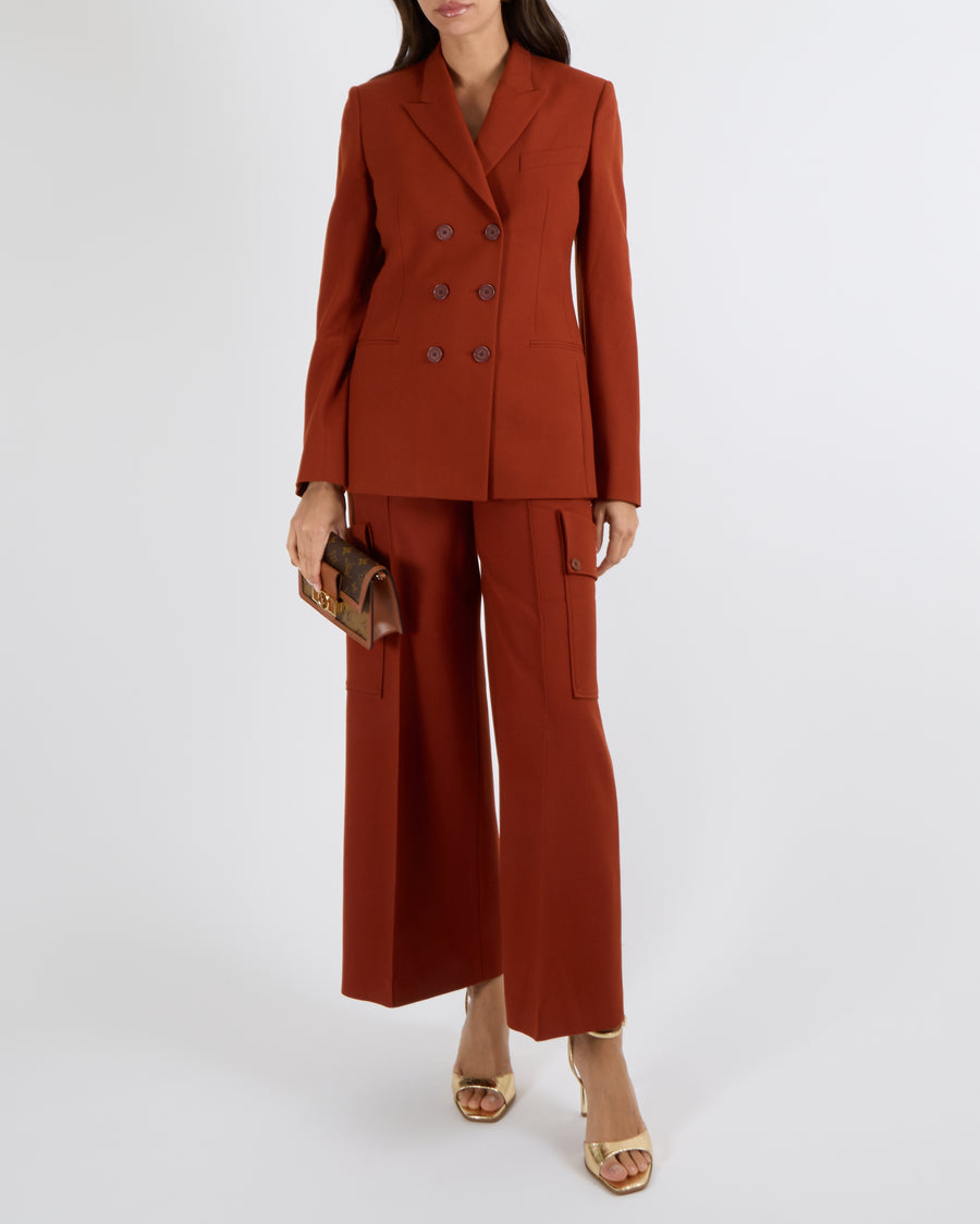 Stella McCartney Burnt Orange Wool Double-Breasted Blazer Jacket and High-Waisted Cargo Trousers Set with Logo Buttons Size IT 38 (UK 6) RRP £1,925