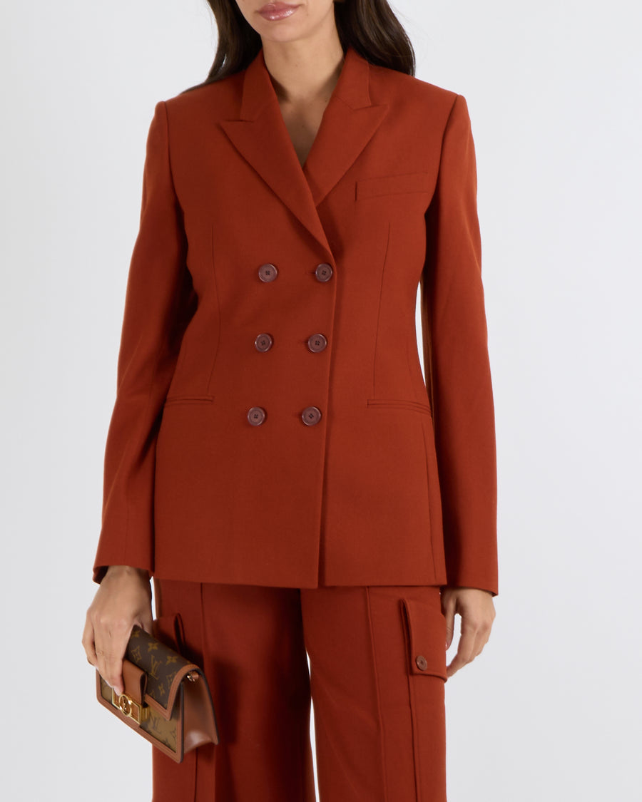 Stella McCartney Burnt Orange Wool Double-Breasted Blazer Jacket and High-Waisted Cargo Trousers Set with Logo Buttons Size IT 38 (UK 6) RRP £1,925