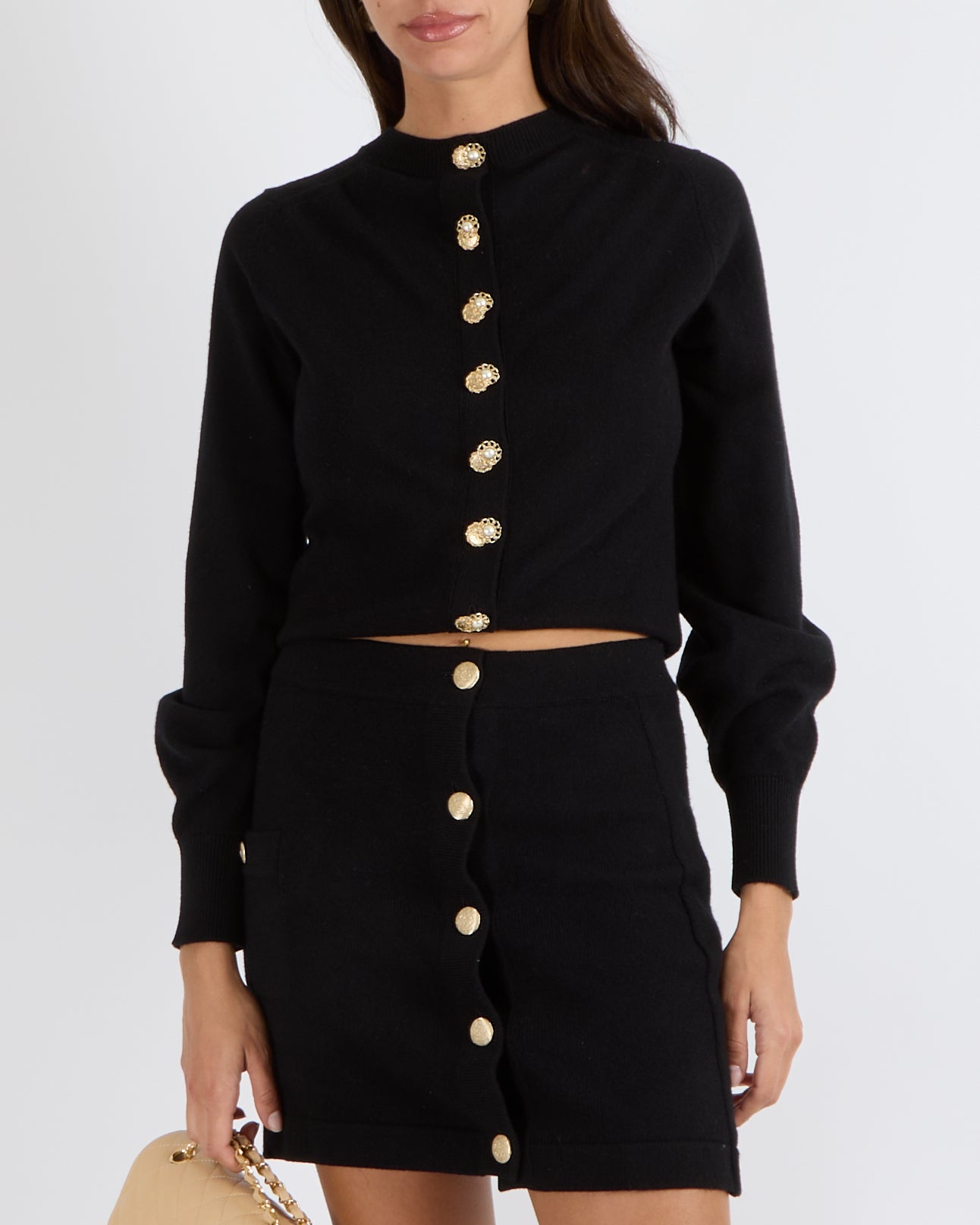 Chanel Black Cashmere Cardigan with Back Gold CC Logo and Pearl