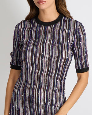Missoni Purple, Blue and Multicolour Short-Sleeved Mini Dress with Silver Sequin Embellishments Size IT 40 (UK 8) RRP £1,320